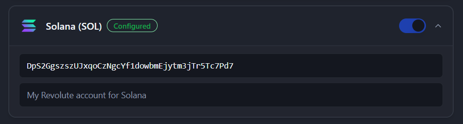 Entering a wallet address in the Cryptocurrencies tab