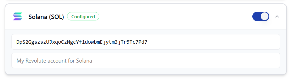 Entering a wallet address in the Cryptocurrencies tab